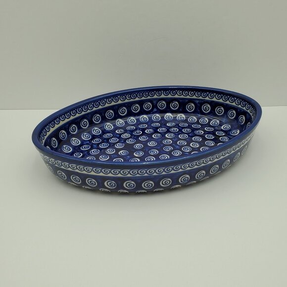 Polish Pottery Cobalt Swirl Oval Baker Zaklady Ceramiczne Oval Serving Dish - Picture 3 of 11